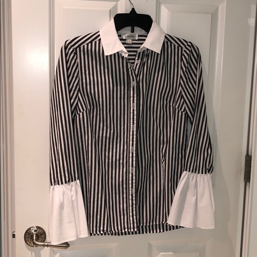 Ruffle sleeve striped button down